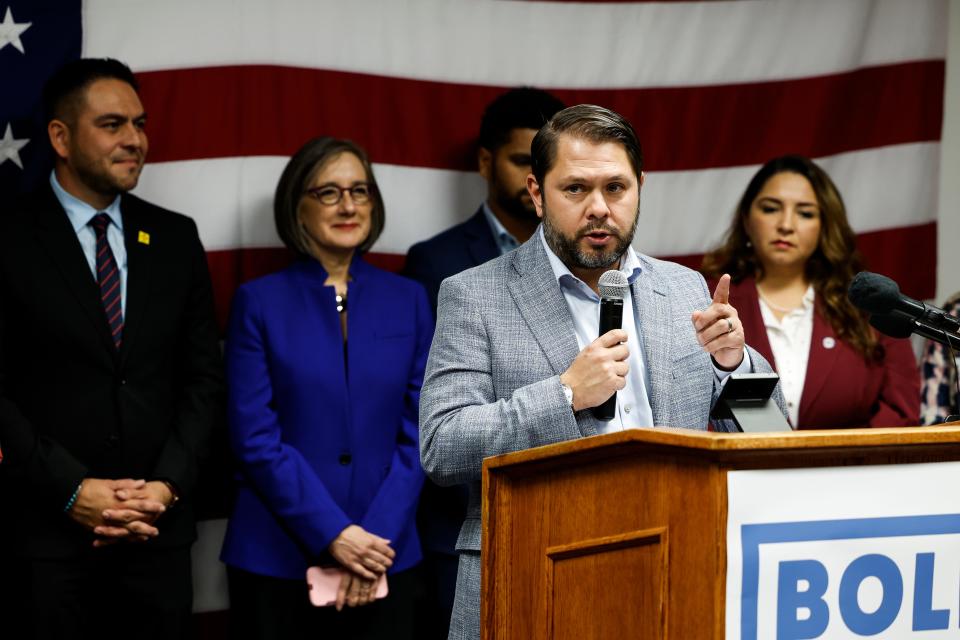 Congressional Hispanic Caucus BOLD PAC Chairman Democratic Rep. Ruben Gallego, D-Ariz., speaks at a Congressional Hispanic Caucus (CHC) event welcoming new Latino members to Congress at the headquarters of the Democratic National Committee (DNC) on November 18, 2022 in Washington, DC.