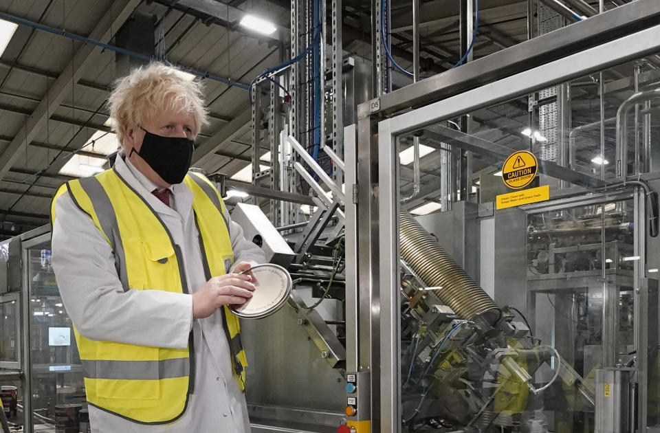 <p>Prime Minister Boris Johnson during a visit to a factory while campaigning in the constituency ahead of the Batley and Spen by-election later this week. Picture date: Monday June 28, 2021. (Photo by Peter Byrne/PA Images via Getty Images)</p>
