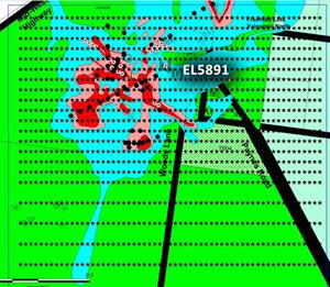 Lines to be surveyed by IP with existing mines and Gold contours and augur results in background