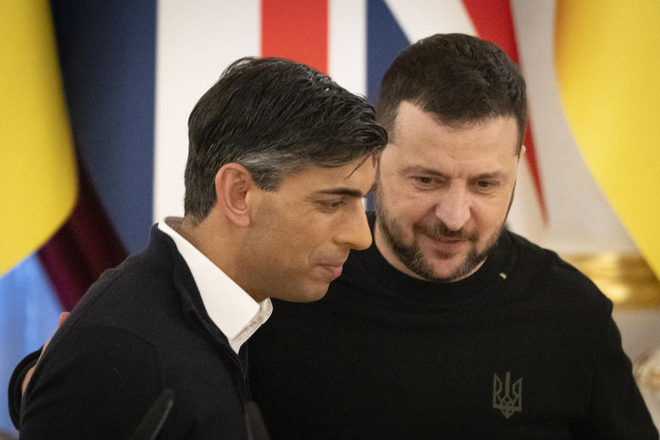 Britain's Prime Minister Rishi Sunak, left, and Ukrainian President Volodymyr Zelenskyy before their press conference in Kyiv, Ukraine, Friday, Jan. 12, 2024. (AP Photo/Efrem Lukatsky)