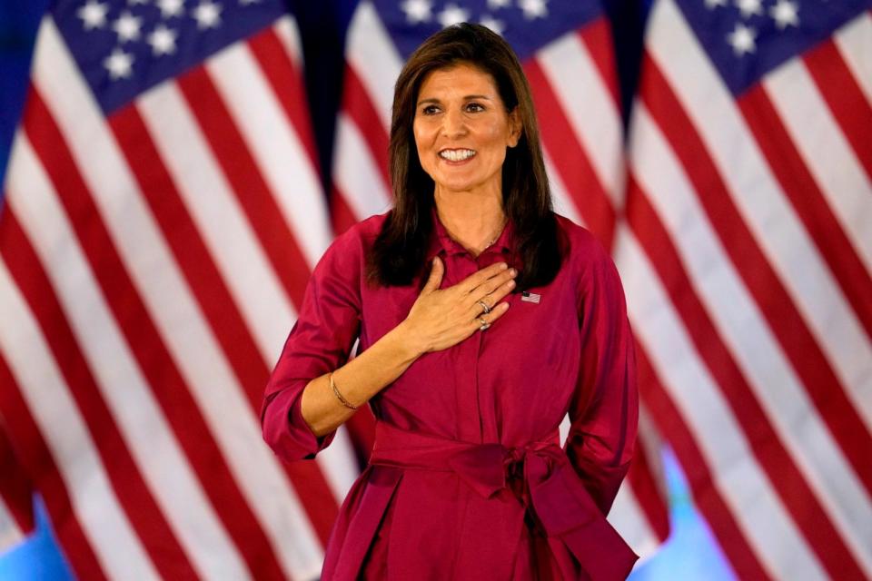 PHOTO: Republican presidential candidate former UN Ambassador Nikki Haley gestures to the audience as she concludes a speech at a caucus night party in West Des Moines, Iowa, Jan. 15, 2024.  (Abbie Parr/AP, FILE)