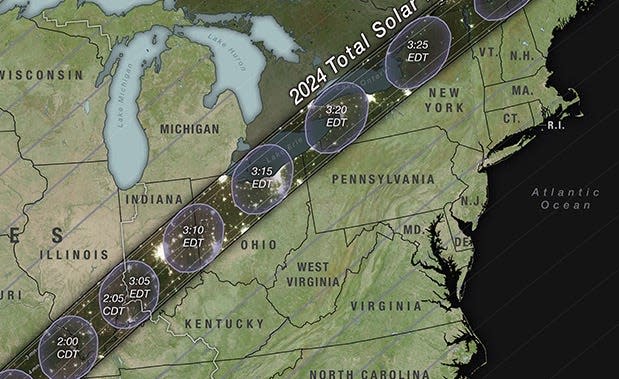 A cropped version of NASA's Scientific Visualization Studio map showing the projected path of totality for the April 8, 2024, solar eclipse.