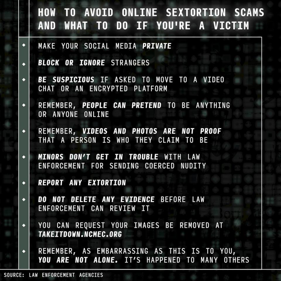PHOTO: How to avoid online sextortion scams and what to do if you're a victim (ABC News, law enforcement agencies)