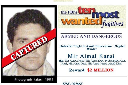 A photo of Mir Aimal Kansi appears with the label "captured" on the FBI's website June 18, 1997. Kansi was sought for the killing of two CIA employees and the injuring of three others outside CIA headquarters in Langley, Va., on January, 25, 1993. File Photo courtesy of the FBI