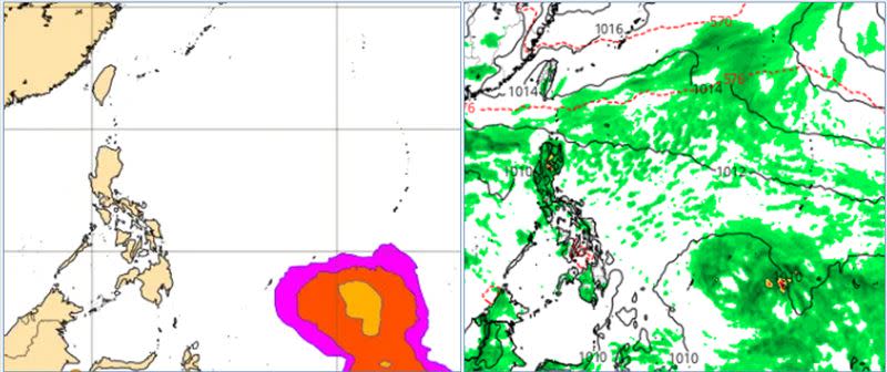 圖：最新(10日20時)歐洲(ECMWF)系集模式，模擬16日20時「熱帶擾動」發展機率圖(左圖)顯示，菲律賓東方海面有「熱帶擾動」醞釀中。美國模式(GFS)亦有類似的模擬(右圖)。(圖擷自ECMWF， weathernerds)