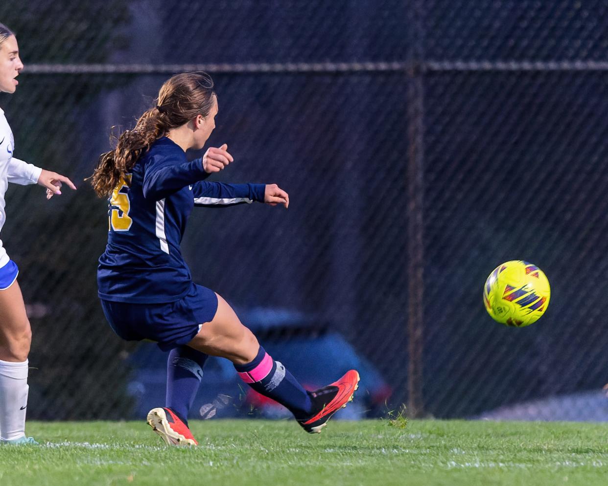 Hartland's Alyse Daavettila bangs the ball off the goal post late in a tie game with Salem Tuesday, April 23, 2024.