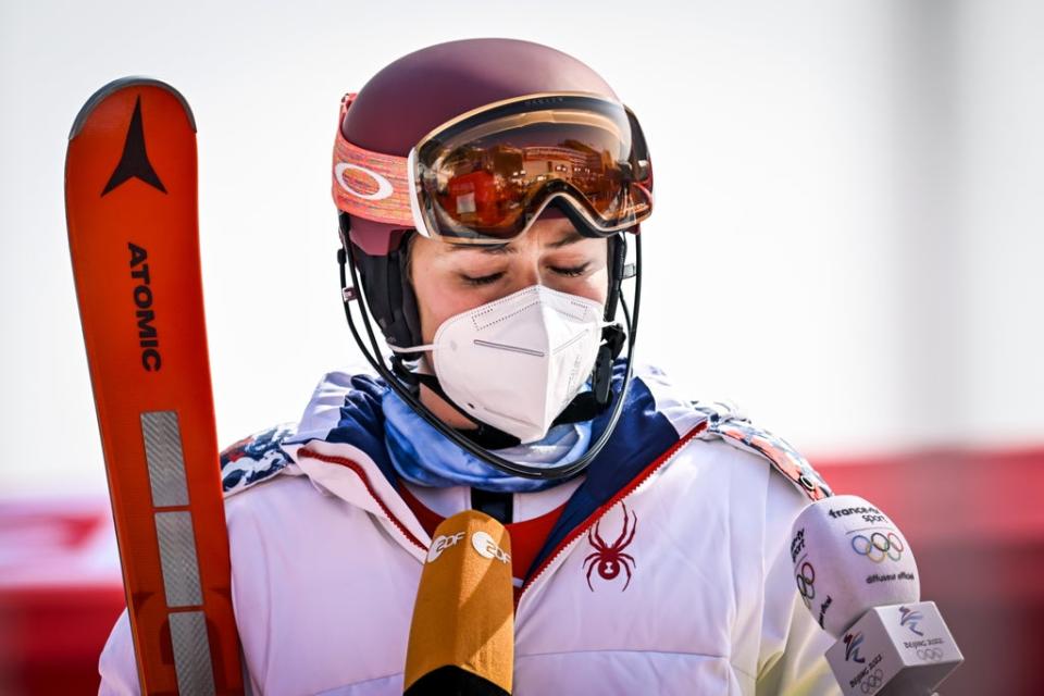 Mikaela Shiffrin of the US speaks to media after she did not finish (EPA)