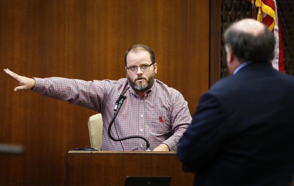 David Gammill testifies on the second day of the retrial of Quinton Tellis in Batesville, Miss., Wednesday, Sept. 26, 2018. Tellis is charged with burning 19-year-old Jessica Chambers to death almost three years ago on Dec. 6, 2014. He has pleaded not guilty to the murder. (Mark Weber/The Commercial Appeal via AP, Pool)