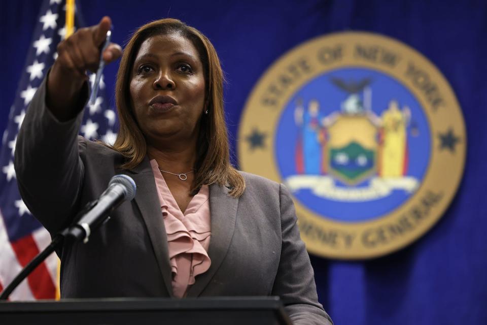 New York Attorney General Letitia James has led a probe into Donald Trump’s business practices. <a href="https://www.gettyimages.com/detail/news-photo/new-york-attorney-general-letitia-james-points-as-she-news-photo/1319289050?adppopup=true" rel="nofollow noopener" target="_blank" data-ylk="slk:Michael M. Santiago/Getty Images;elm:context_link;itc:0;sec:content-canvas" class="link ">Michael M. Santiago/Getty Images</a>