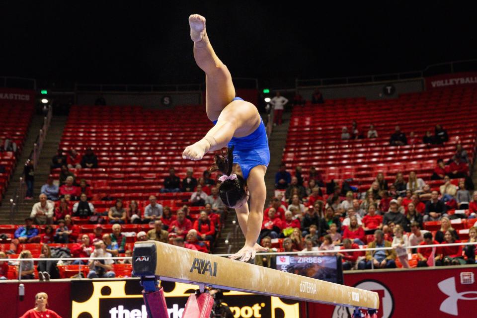 Sarah Krump performs her bar routine during the Red Rocks Preview at the Jon M. Huntsman Center in Salt Lake City on Friday, Dec. 15, 2023. | Megan Nielsen, Deseret News