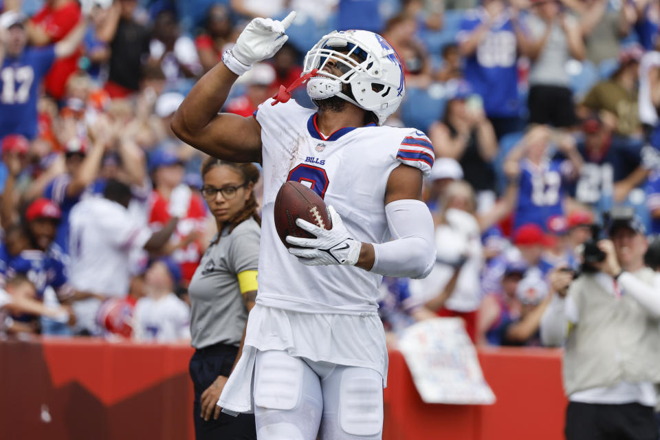 Buffalo Bills' O.J. Howard celebrates after scoring a touchdown during the first half of a preseason NFL football game against the Denver Broncos, Saturday, Aug. 20, 2022, in Orchard Park, N.Y. (AP Photo/Jeffrey T. Barnes)