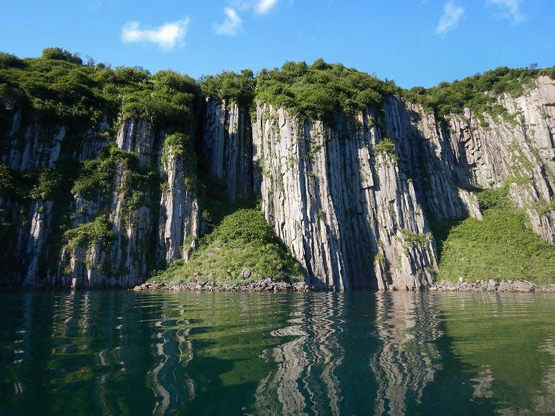 These rock formations along the Katmai coast are the result of lava cooling and slowly fracturing, according to the national park.