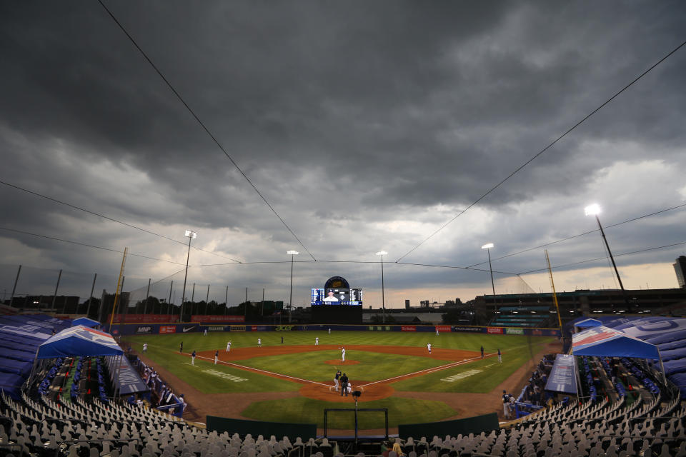 Strorm clouds approach during the fourth inning of a baseball game between the Toronto Blue Jays and the Tampa Bay Rays, Saturday, Aug. 15, 2020, in Buffalo, N.Y. (AP Photo/Jeffrey T. Barnes)