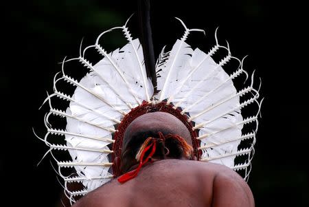 An indigenous man from the Torres Strait Islands wears a traditional dress as he performs during a welcoming ceremony at Government House in Sydney, Australia, June 28, 2017. REUTERS/David Gray