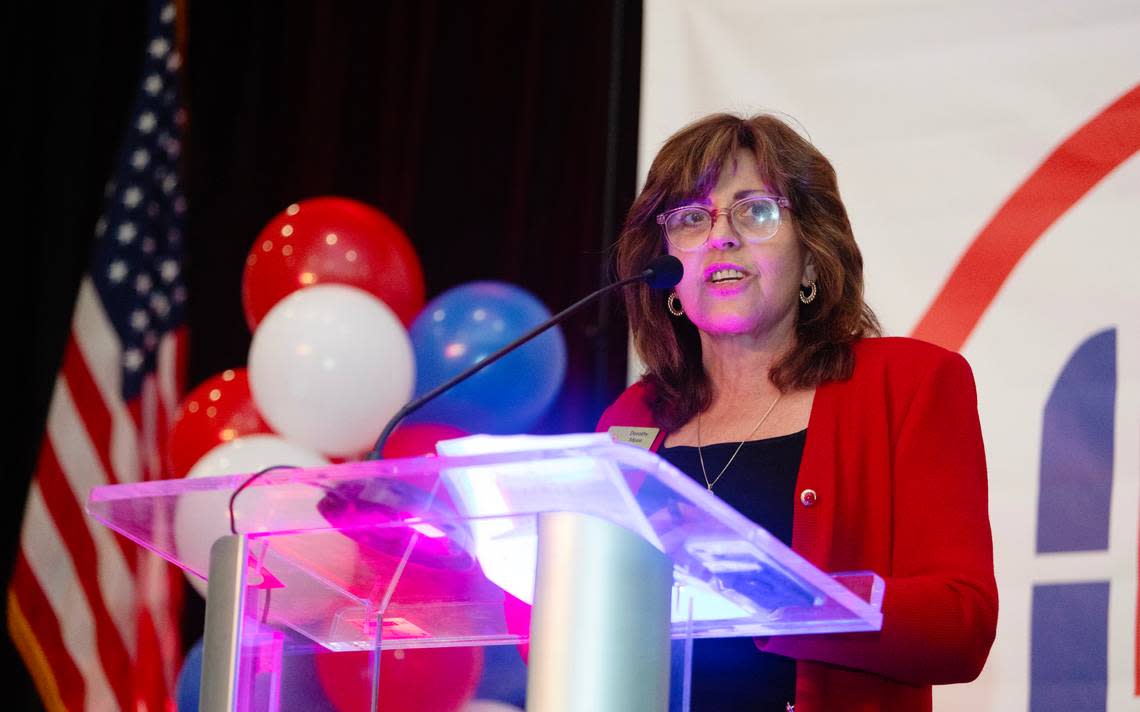 Dorothy Moon, chairwoman of the Idaho Republican Party, leads a watch party for Idaho Republican candidates at the Grove Hotel in Boise in November. No word on whether any Canadians were in the crowd.