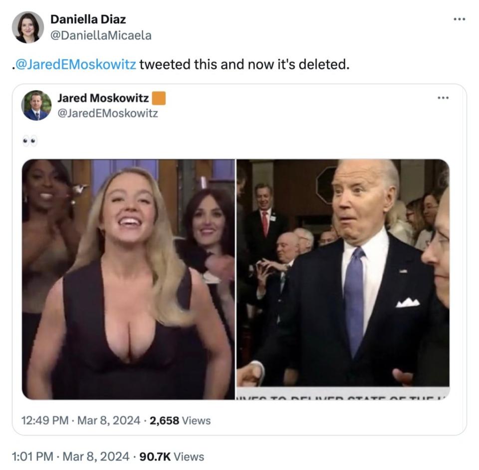 Last night Florida Democrat Jared Moskowitz tweeted, then deleted this meme, showing how ubiquitious Sweeney’s boobs were this week. @DaniellaMicaela/X