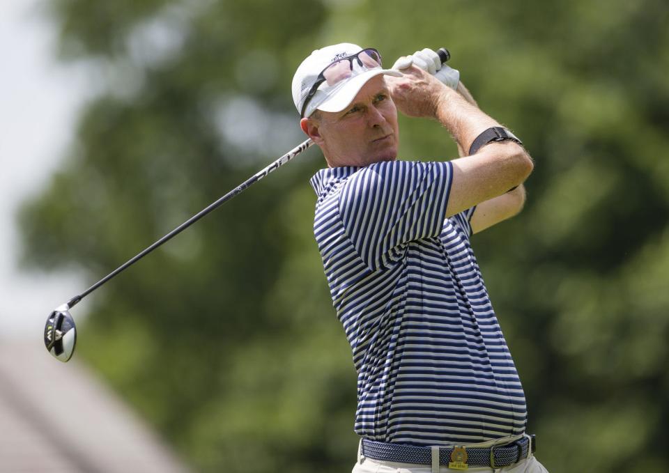 Bob Estes, shown here during the 2019 Senior U.S. Open at the University of Notre Dame's Warren Course, is tied for the first-round lead of the Senior PGA at Harbor Shores on May 26, 2022 in Benton Harbor, Mich.