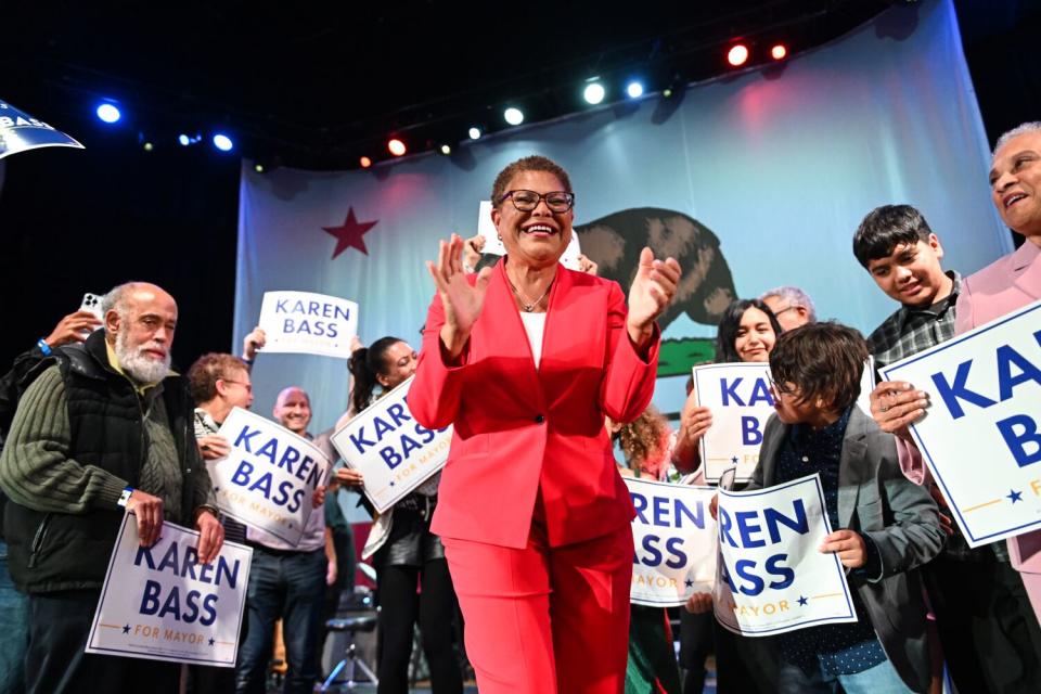 Karen Bass speaks during an election night rally