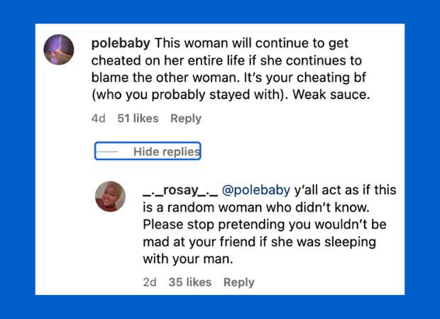 woman criticized for blaming the other woman