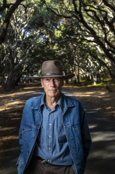 A portrait of Oscar-winning director Clint Eastwood, 91, photographed amongst oak trees