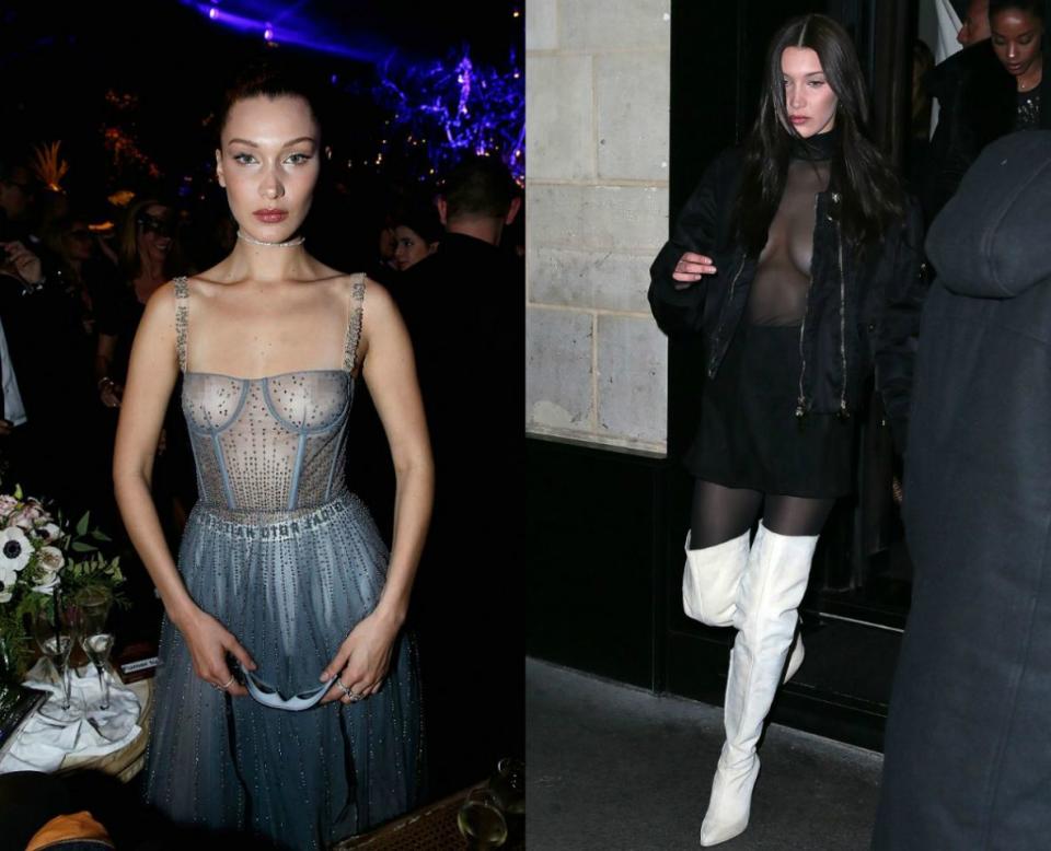 <p><strong>Quand : Janvier 2017</strong> <br> Bella Hadid a participé au Bal Masqué Haute Couture Printemps/Eté 2017 Christian Dior vêtue d’une robe bleue transparente (nous avons flouté les petits détails !). Quelques jours plus tôt, Bella avait été vue vêtue d’un haut noir transparent, similaire à celui de <a rel="nofollow" href="https://www.yahoo.com/style/kendall-jenner-see-top-leaves-195618075.html" data-ylk="slk:Kendall;elm:context_link;itc:0;sec:content-canvas;outcm:mb_qualified_link;_E:mb_qualified_link;ct:story;" class="link  yahoo-link">Kendall</a>, après avoir défilé pour la collection Givenchy à Paris. <a rel="nofollow" href="https://www.yahoo.com/style/kendall-jenner-bella-hadid-brought-141548234.html" data-ylk="slk:Bella;elm:context_link;itc:0;sec:content-canvas;outcm:mb_qualified_link;_E:mb_qualified_link;ct:story;" class="link  yahoo-link">Bella </a>a décidé d’oublier les caches-tétons en forme d’étoile en optant directement pour un haut transparent et une veste aviateur noire et sexy. Qu’en pensez-vous, l’effet transparent vous convient-il ? <em>(Photo G : Getty)</em> </p>