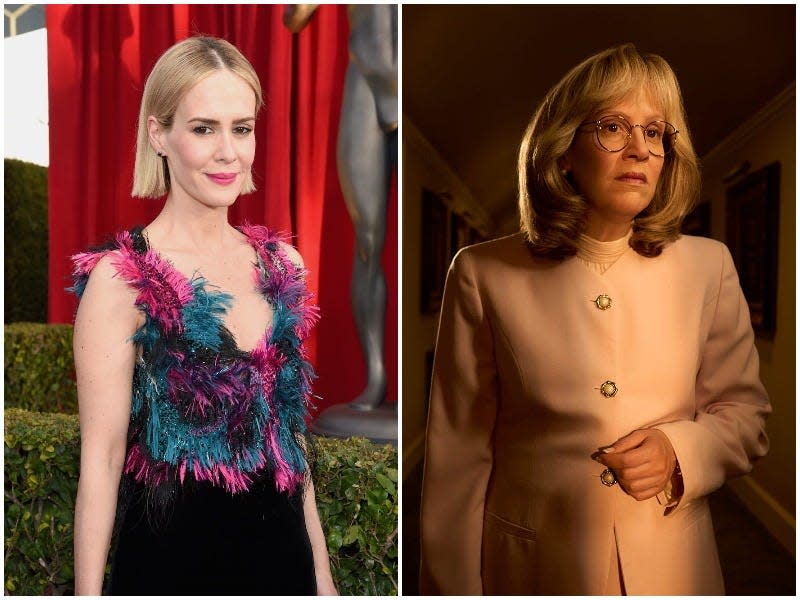 Left: Sarah Paulson on a red carpet. Right: Sarah Paulson as Linda Tripp in "Impeachment."