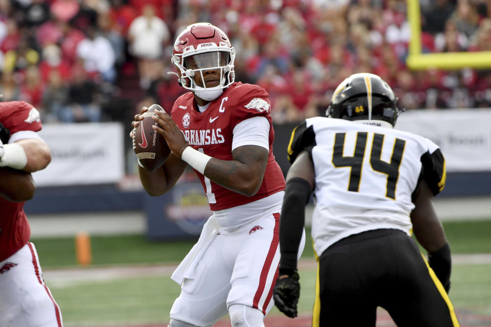 Arkansas quarterback <a class="link " href="https://sports.yahoo.com/ncaaf/players/301976" data-i13n="sec:content-canvas;subsec:anchor_text;elm:context_link" data-ylk="slk:KJ Jefferson;sec:content-canvas;subsec:anchor_text;elm:context_link;itc:0">KJ Jefferson</a> (1) against Pine Bluff during an NCAA college football game Saturday, Oct. 23, 2021, in Little Rock, Ark. (AP Photo/Michael Woods)