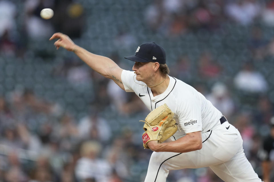 Detroit Tigers pitcher Shelby Miller throws against the Cleveland Guardians in the ninth inning of a baseball game, Monday, July 8, 2024, in Detroit. (AP Photo/Paul Sancya)