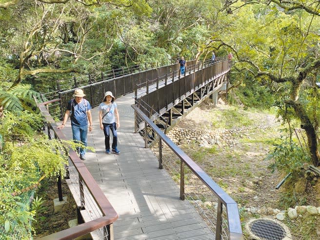 桃園市風管處斥資1220萬興建全長230公尺的木棧「溪溝路廊」，登山客不用再直下溪谷，安全輕鬆就能親近「桃園人的後花園」虎頭山。 （蔡依珍攝）