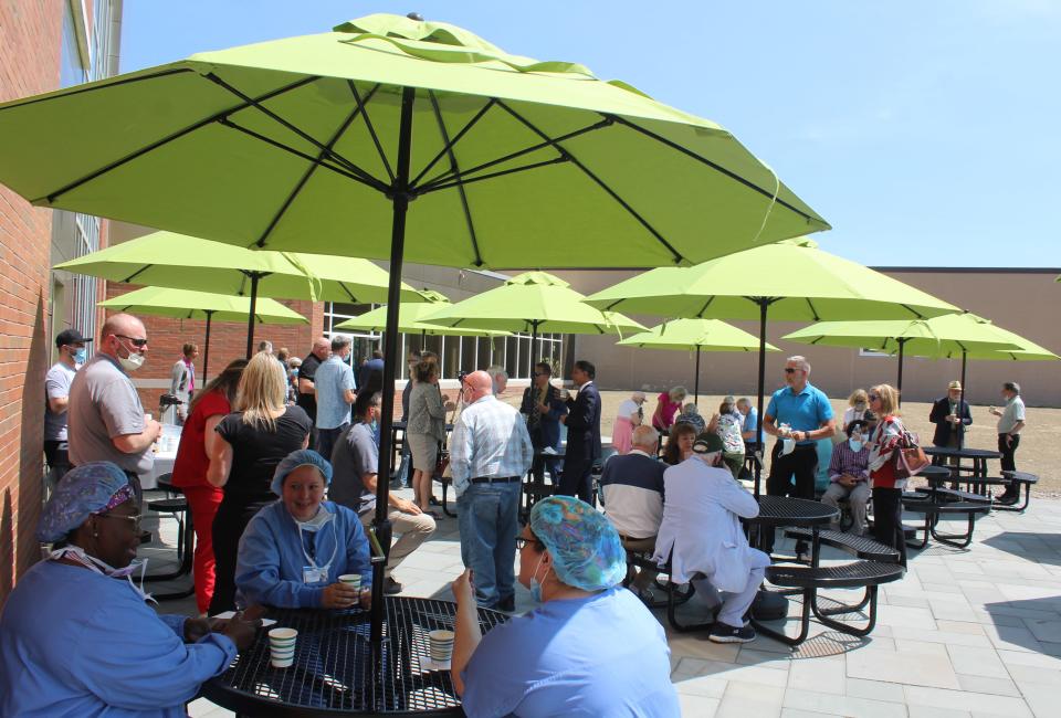 A new courtyard patio for staff and the public was unveiled at St. James Hospital on Thursday, along with a new building connecting the hospital to the Medical Office Building in Hornell.