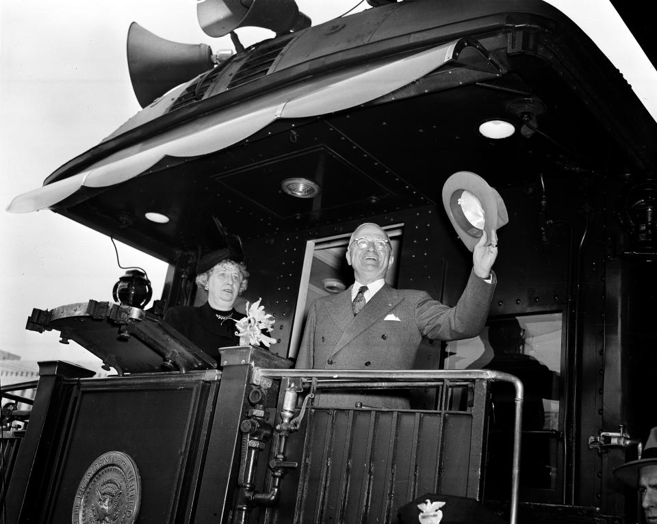 FILE - U.S. President Harry Truman and his wife, Bess, arrive in Philadelphia, aboard the special presidential train "Magellan" during his 30-state whistle-stop campaign tour on Oct. 6, 1948. Truman was vice president when President Franklin Delano Roosevelt died in 1945, near the end of World War II. Truman decided to run for a full term of his own, and he announced his candidacy on March 8, 1948. (AP Photo, File)