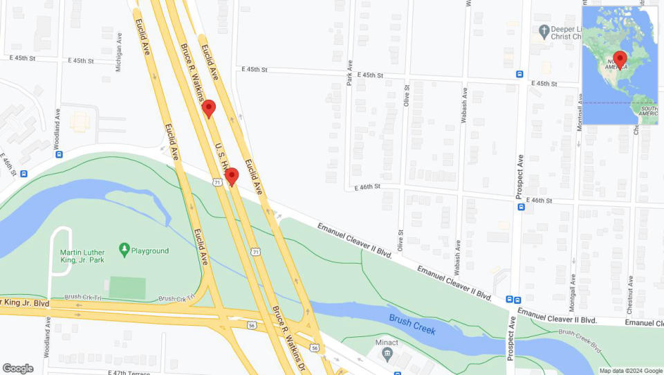 A detailed map that shows the affected road due to 'Crash report: Bruce R Watkins Expressway/US-71' on July 18th at 11:31 p.m.