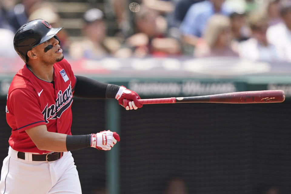 Cleveland Indians' Cesar Hernandez watches his two-run home run in the third inning of a baseball game against the St. Louis Cardinals, Wednesday, July 28, 2021, in Cleveland. (AP Photo/Tony Dejak)