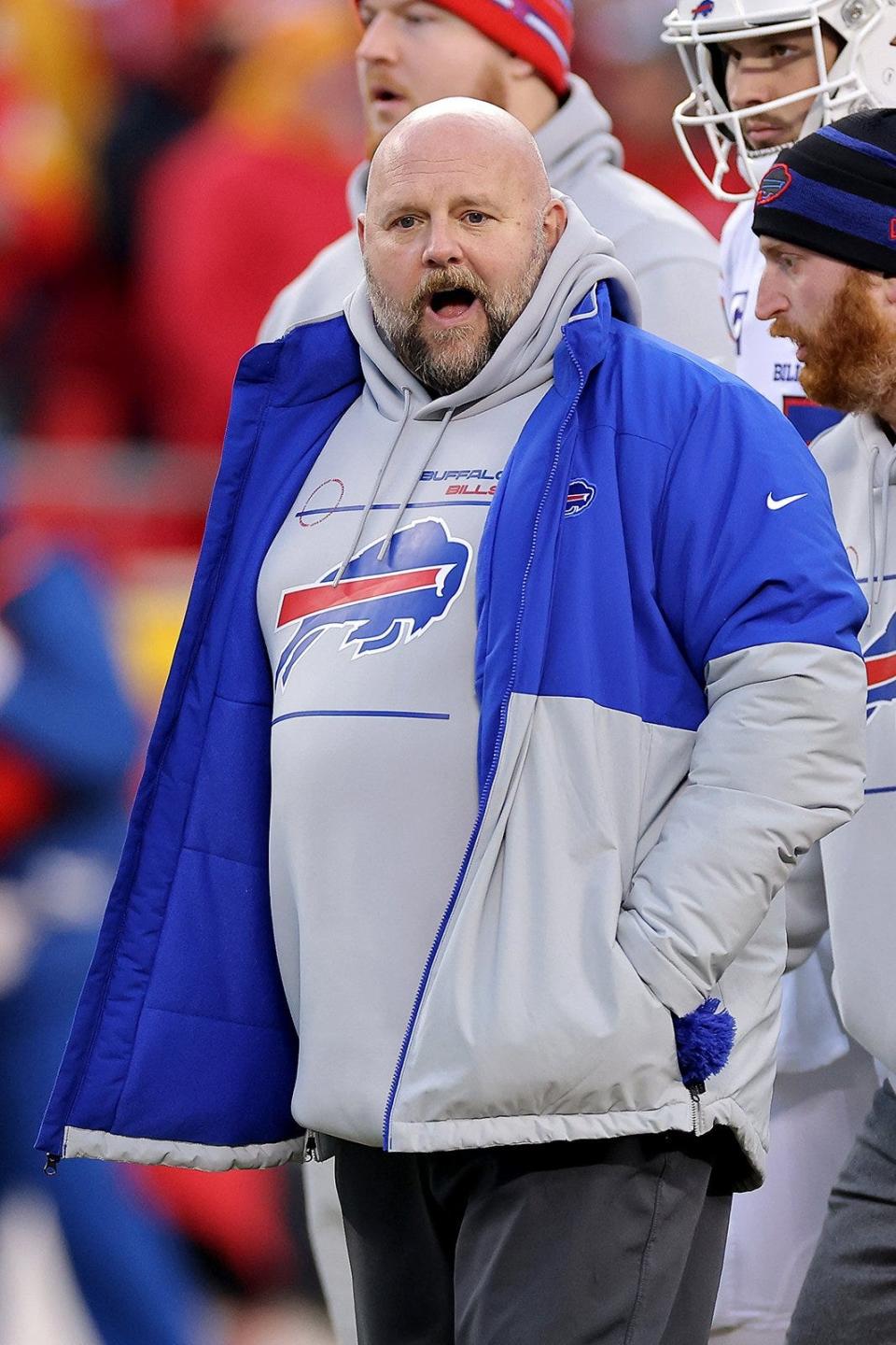 Offensive Coordinator Brian Daboll of the Buffalo Bills looks on prior to the AFC Divisional Playoff game against the Kansas City Chiefs at Arrowhead Stadium on Jan. 23, 2022, in Kansas City, Missouri. (David Eulitt/Getty Images/TNS)