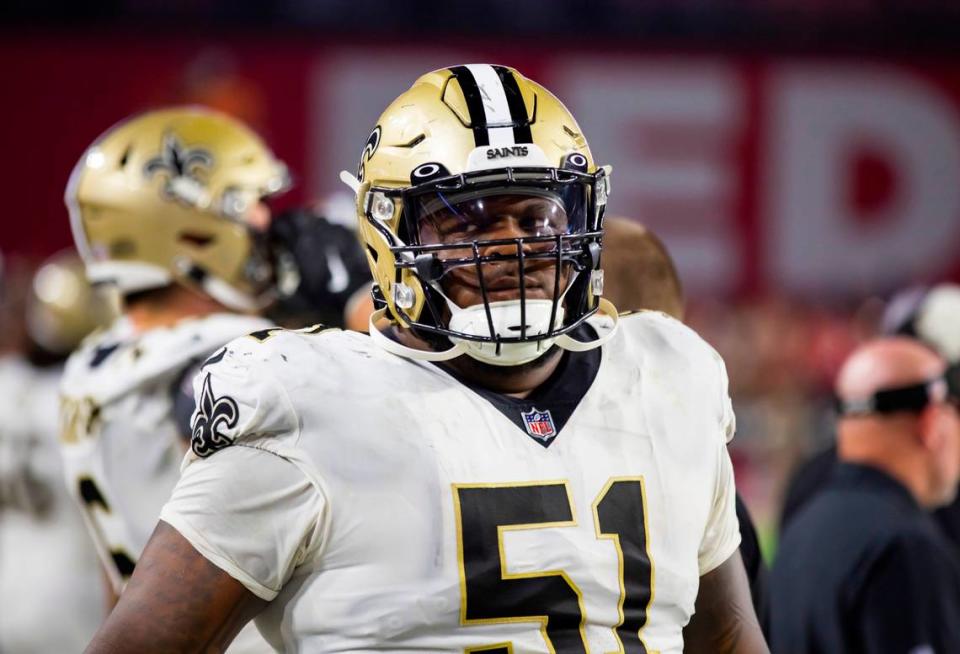 New Orleans Saints center Cesar Ruiz (51) against the Arizona Cardinals at State Farm Stadium on Oct 20, 2022.