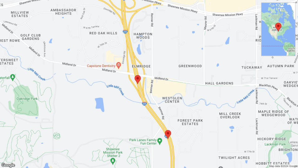 A detailed map that shows the affected road due to 'Lane on I-435 closed in Shawnee' on July 25th at 3:20 p.m.