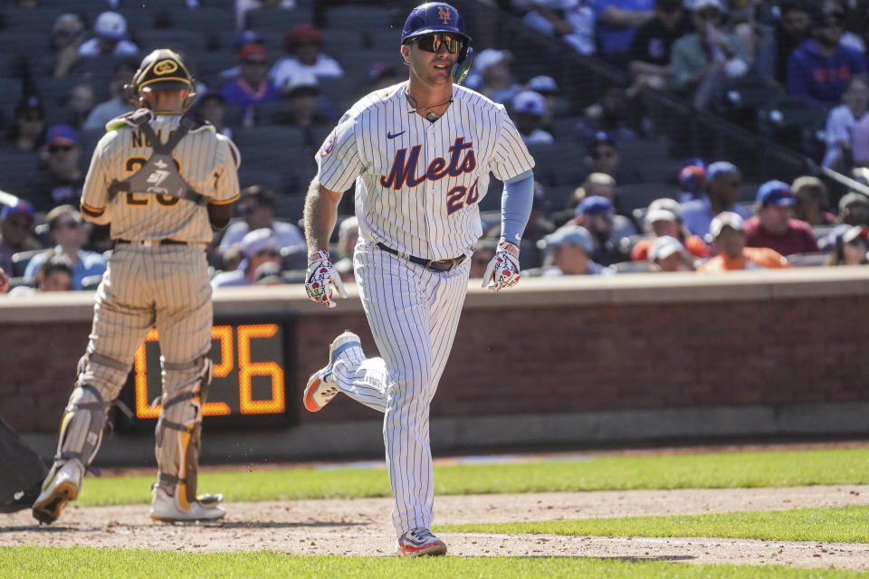 New York Mets Pete Alonso is walked in the 7th inning, during a baseball game against San Diego Padres, Wednesday, April 12, 2023, in New York. (AP Photo/Bebeto Matthews)