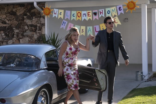 The happy couple, Alice (Florence Pugh) and Jack (Harry Styles).<p>Photo: Merrick Morton/Courtesy of Warner Bros. Pictures</p>