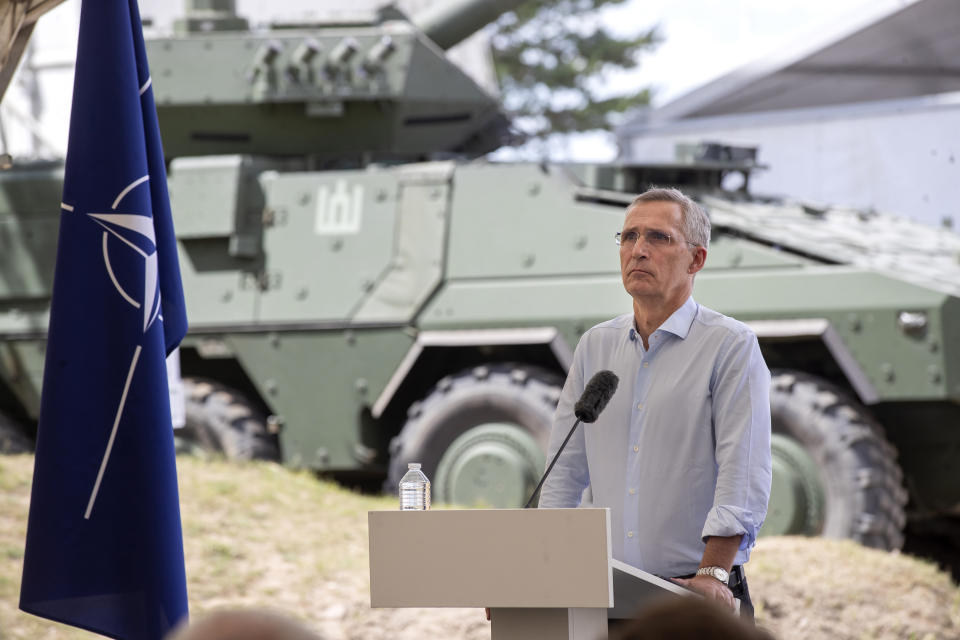 NATO Secretary General Jens Stoltenberg speaks during a press conference at Exercise Griffin Storm 2023 during the visit to the Training Range in Pabrade, some 60 km (38 miles) north of the capital Vilnius, Lithuania, Monday, June 26, 2023. (AP Photo/Mindaugas Kulbis)