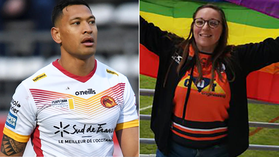 Israel Folau, left, had his debut crashed by protester Alison Grey, right, who claims Catalans Dragons officials tried to get her to remover her rainbow flag.