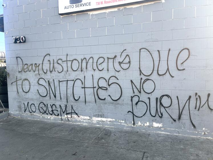 Los Angeles, California-Feb. 16, 2024-Bernardo Lopez, who owns the tire shop with his mother, told The Times he wrote the message himself after learning city officials were investigating his business on suspicion of selling tires to street racers who have taken over intersections to perform burnouts and other illegal maneuvers.