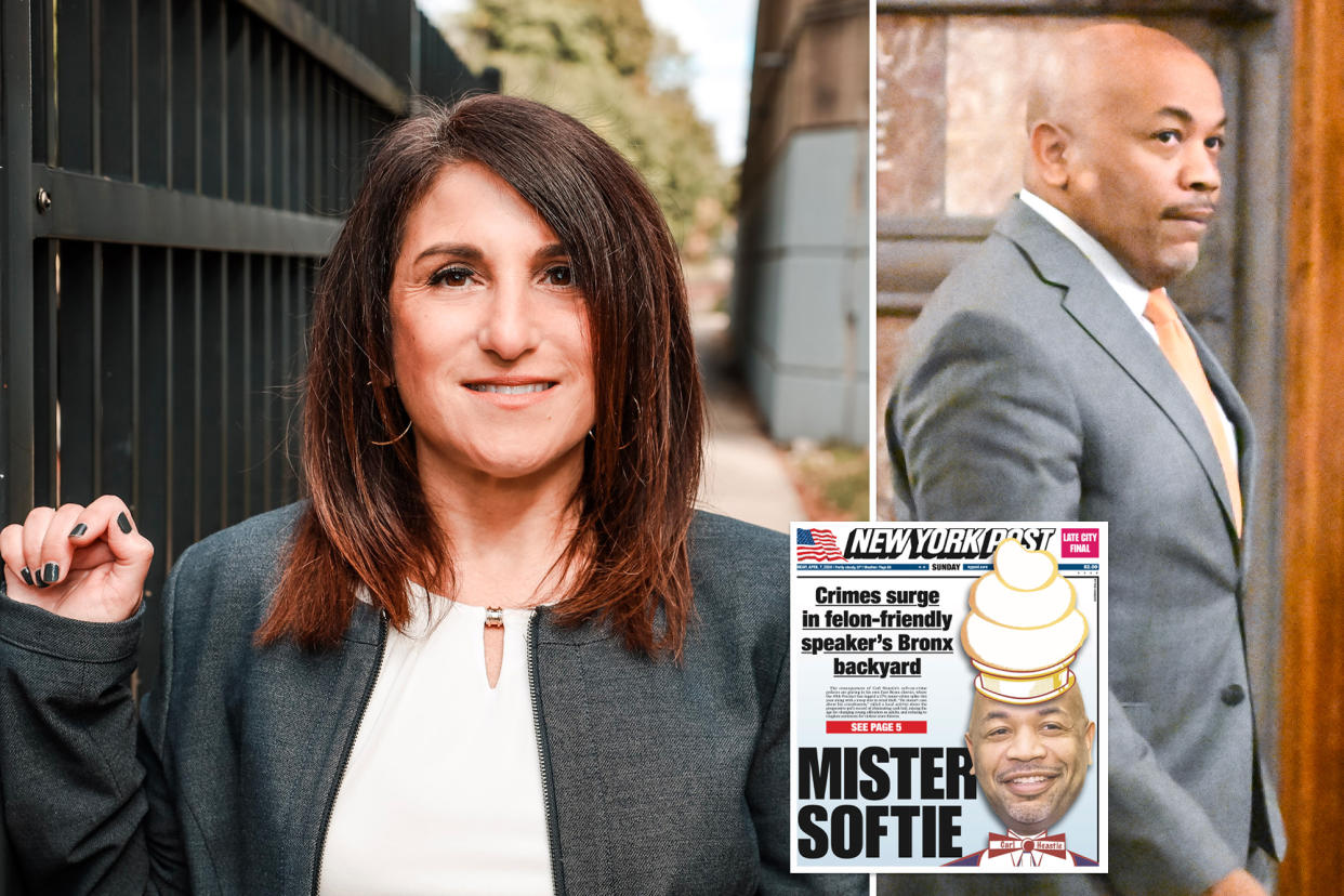 Stephanie Liggio, a Bronxite candidate running on the Republican and Conservative ballot lines, smiling with a magazine in hand, and Carl Heastie in the background.
