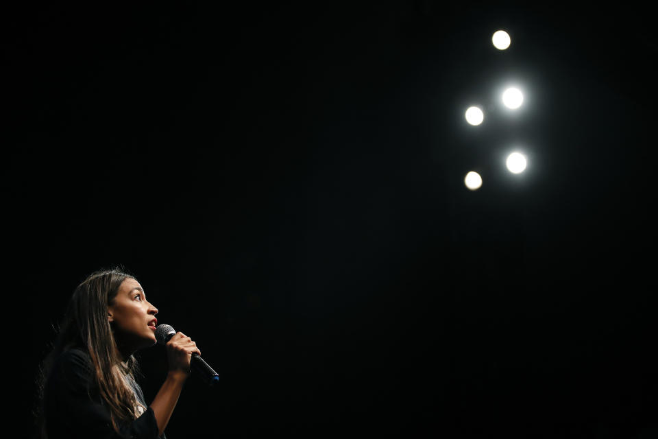 New York congressional candidate Alexandria Ocasio-Cortez addresses supporters at a fundraiser Thursday, Aug. 2, 2018, in Los Angeles. The 28-year-old startled the party when she defeated 10-term U.S. Rep. Joe Crowley in a New York City Democratic primary. (AP Photo/Jae C. Hong)