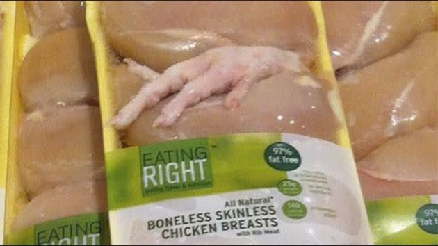 The foot found in a packet of chicken breasts. Photo: Twitter
