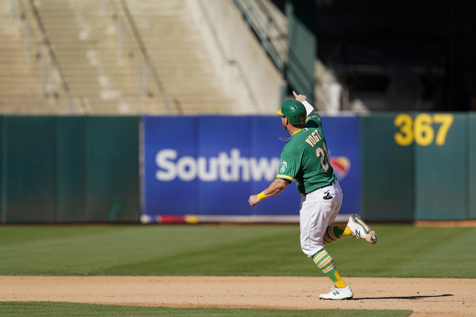 Oakland Athletics' Stephen Vogt runs the bases after hitting a solo home run against the Los Angeles Angels during the seventh inning of a baseball game in Oakland, Calif., Wednesday, Oct. 5, 2022. (AP Photo/Godofredo A. Vásquez)