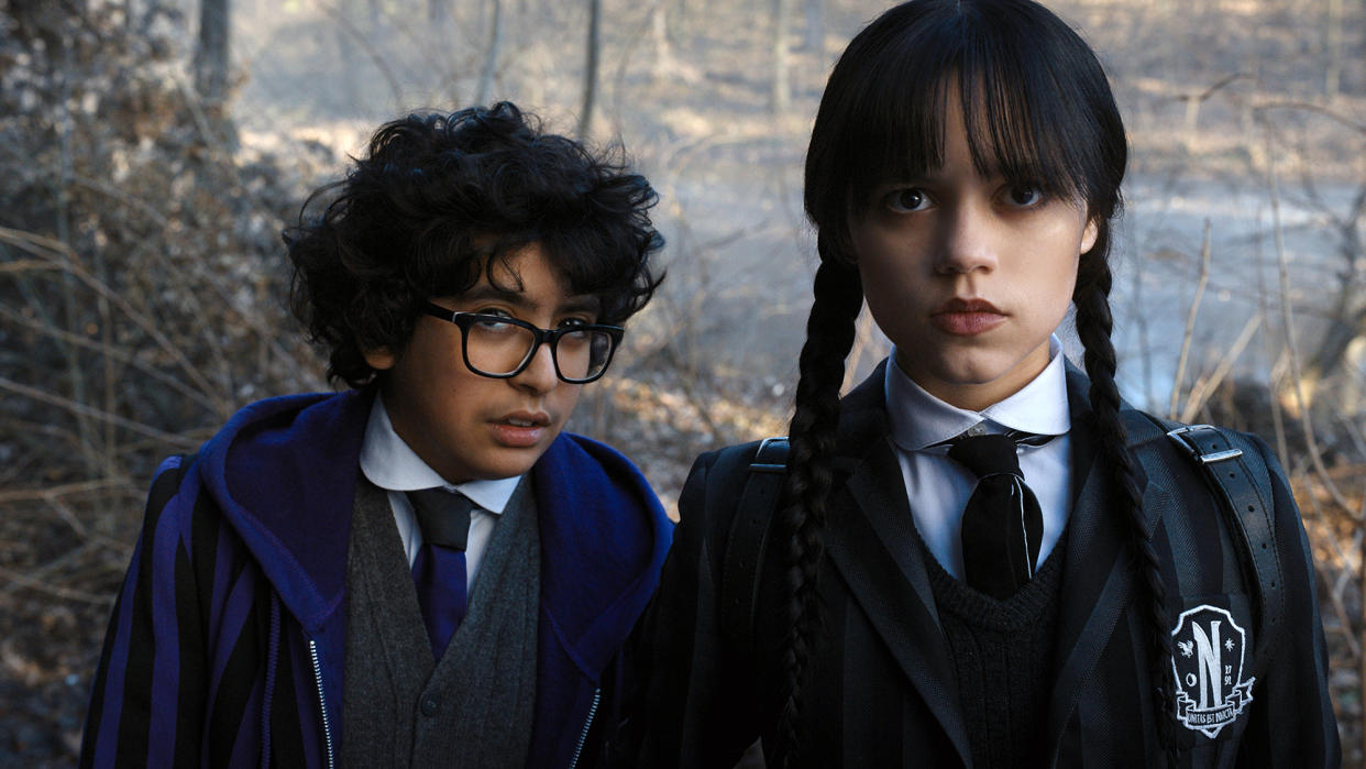  (L to R) Moosa Mostafa as Eugene Otinger, Jenna Ortega as Wednesday Addams in episode 104 of Wednesday. 