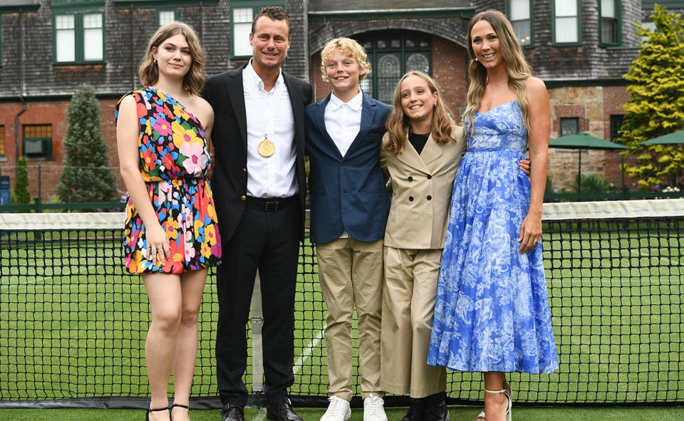 Lleyton Hewitt, pictured here with wife Bec and their children Mia, Cruz and Ava.