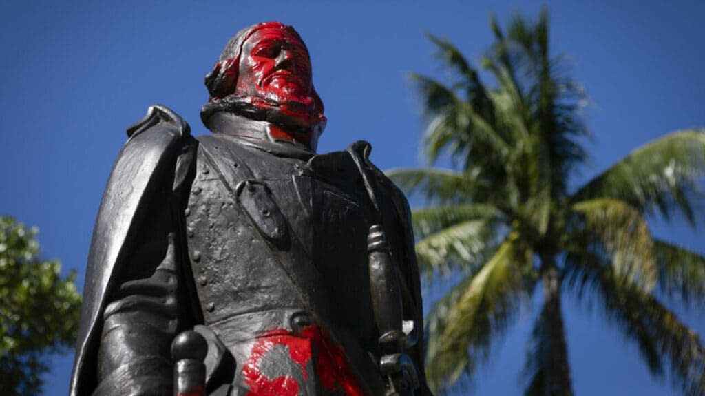 A vandalized statue of Juan Ponce de Leon is seen at Bayfront Park, after a protest on June 10 against George Floyd’s death, police brutality and racial inequality in Miami, Florida on June 11, 2020. (Photo by Eva Marie Uzcategui Trinkl/Anadolu Agency via Getty Images)