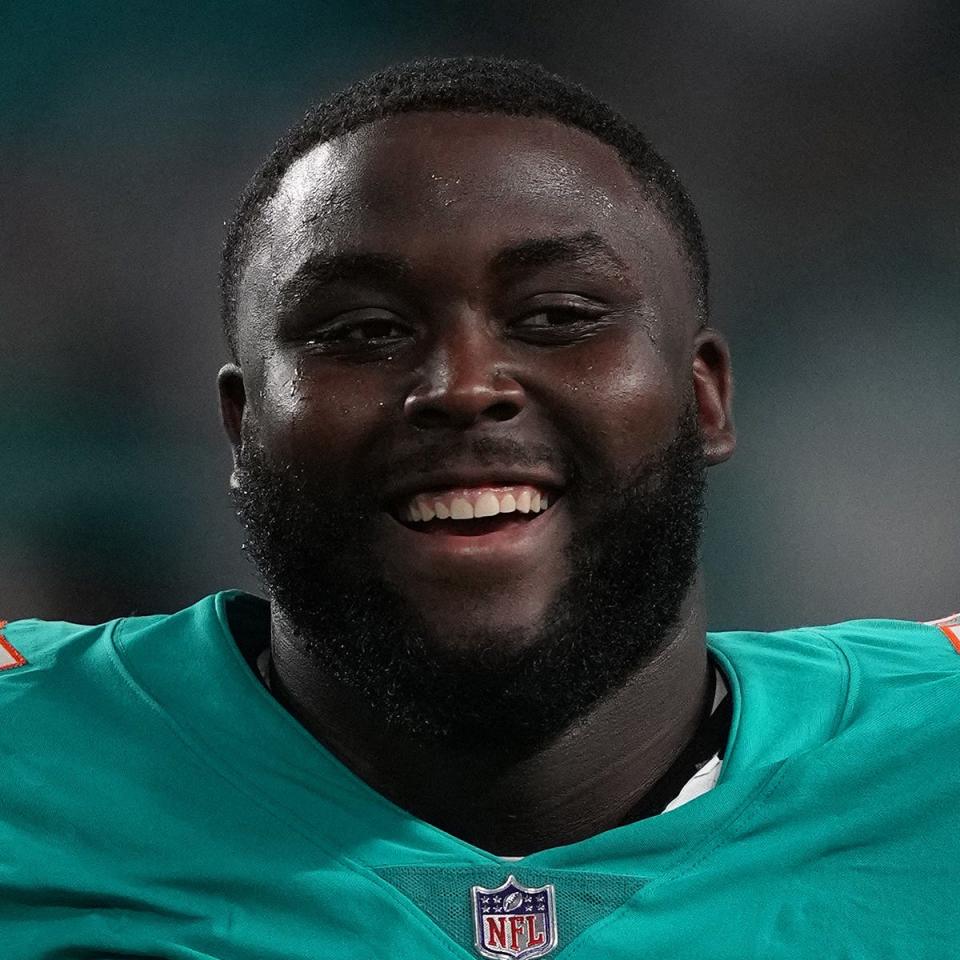 Aug 21, 2021; Miami Gardens, Florida, USA; Miami Dolphins tackle Greg Little (75) walks off the field after the game against the Atlanta Falcons at Hard Rock Stadium. Mandatory Credit: Jasen Vinlove-USA TODAY Sports