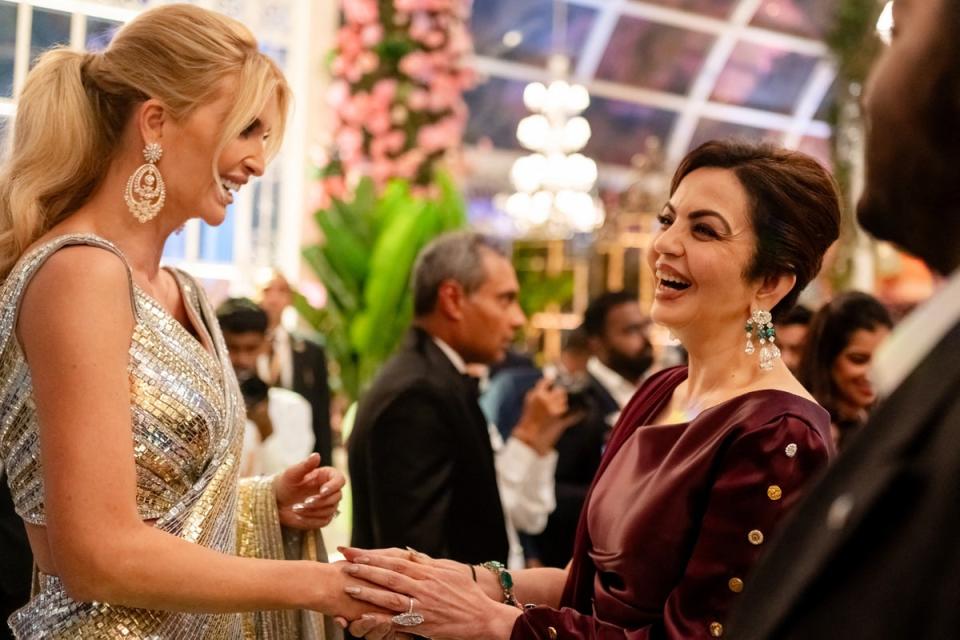 Chairperson and founder of the Reliance Foundation Nita Ambani (R), wife of billionaire tycoon Mukesh Ambani speaking to Ivanka Trump (Reliance/AFP via Getty Images)